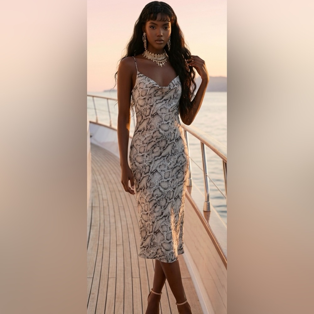 Sleek Snake-Print Slip Dress - White/Gray